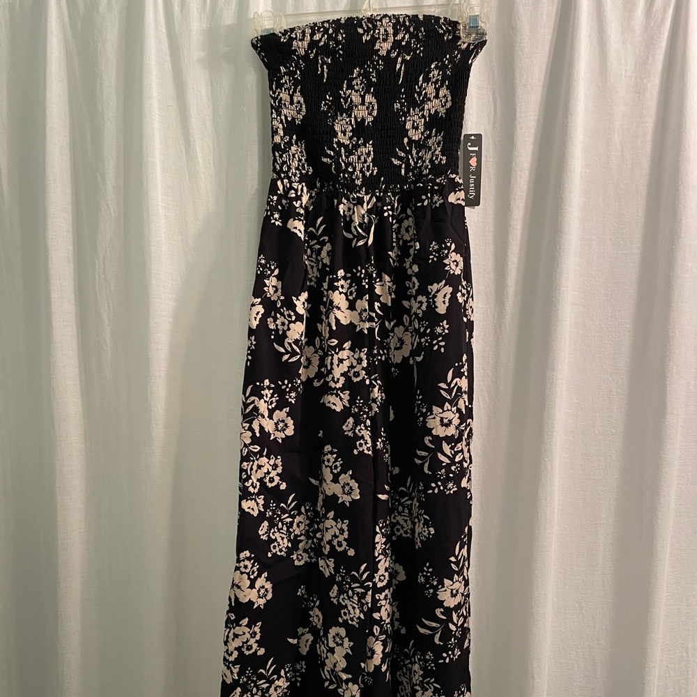 Black floral split leg jumpsuit, small